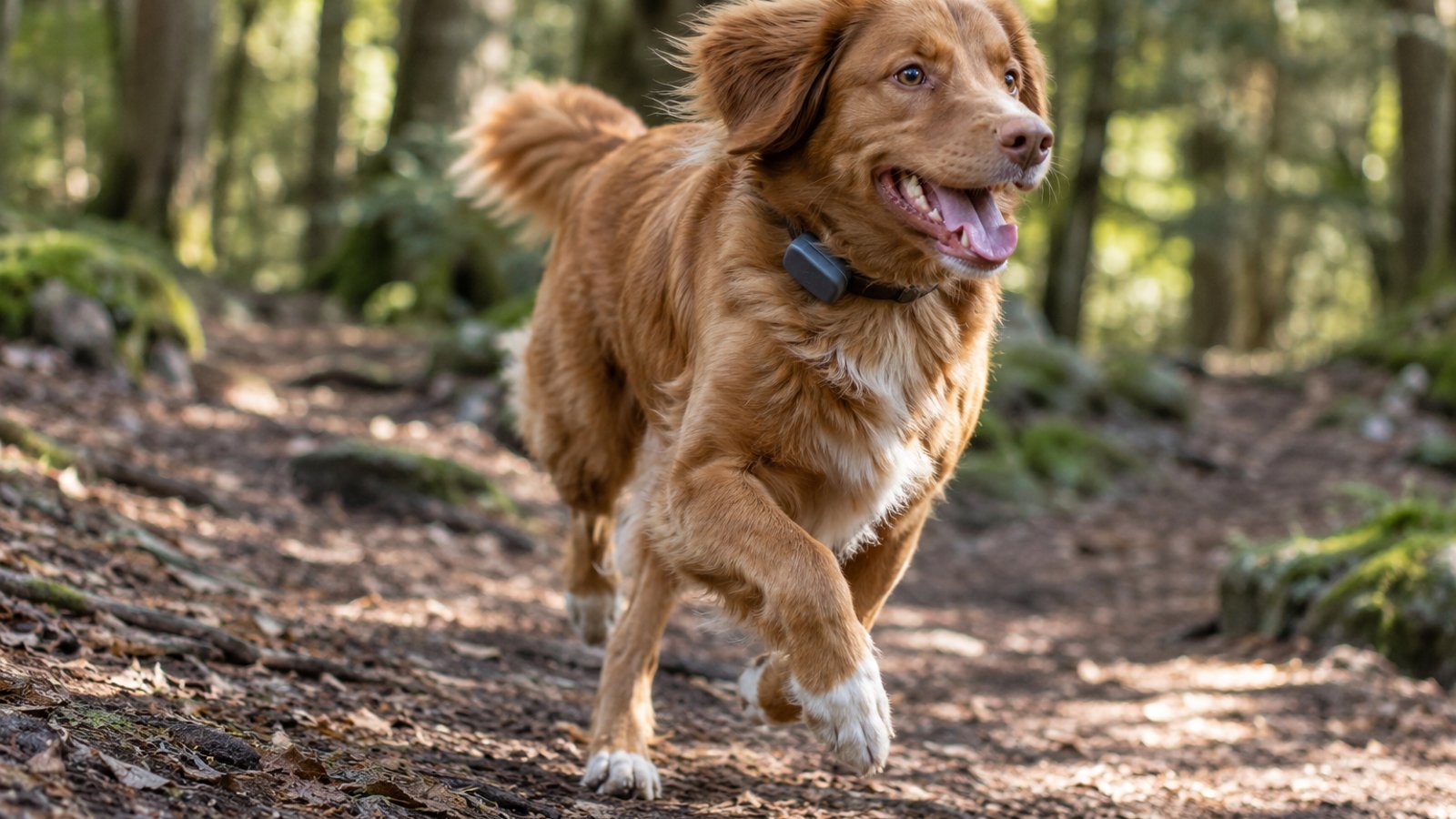 A dog wearing a tracker collar on a forest trail (illustrative)