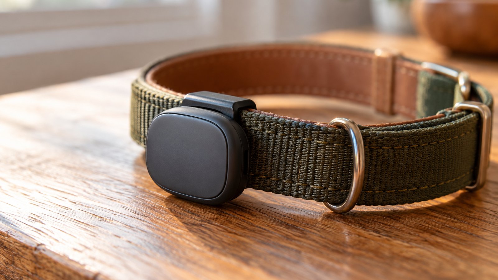 A slim GPS tracker on a dog collar (illustrative)