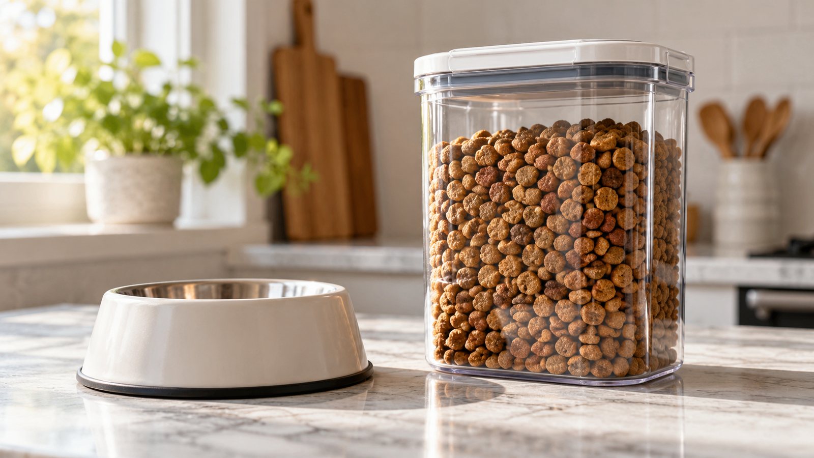 Dry pet food beside a bowl (illustrative)