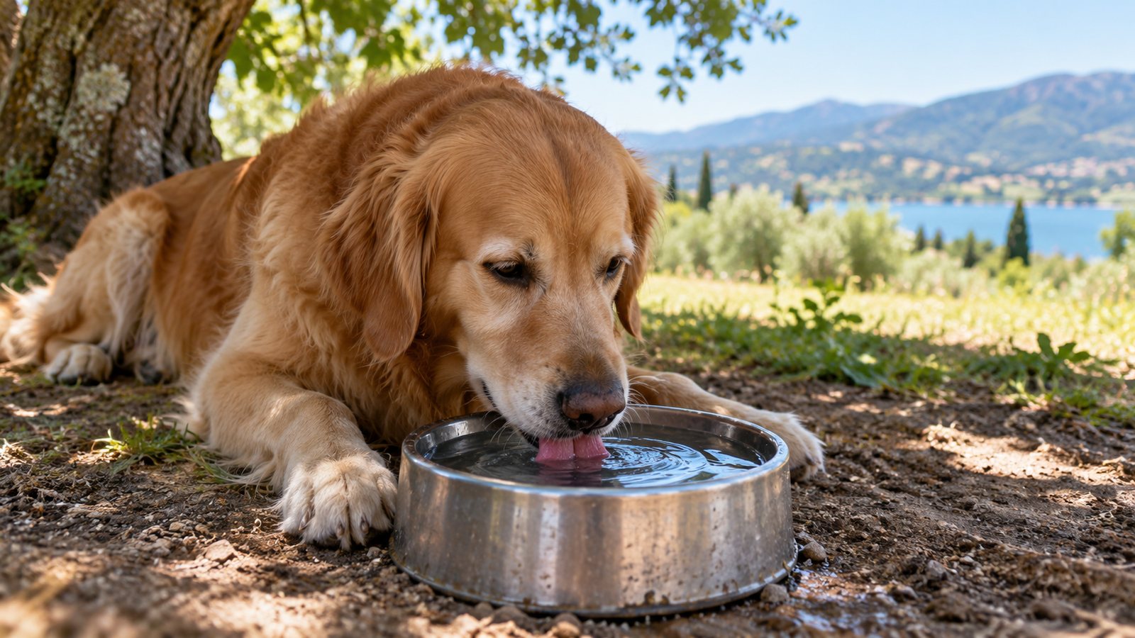 A dog resting in shade by a water bowl (illustrative)