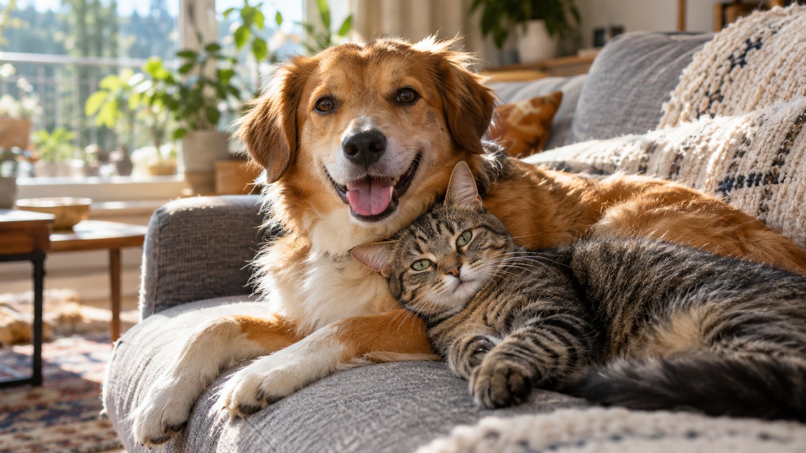 A dog and a cat resting on a sofa (illustrative)