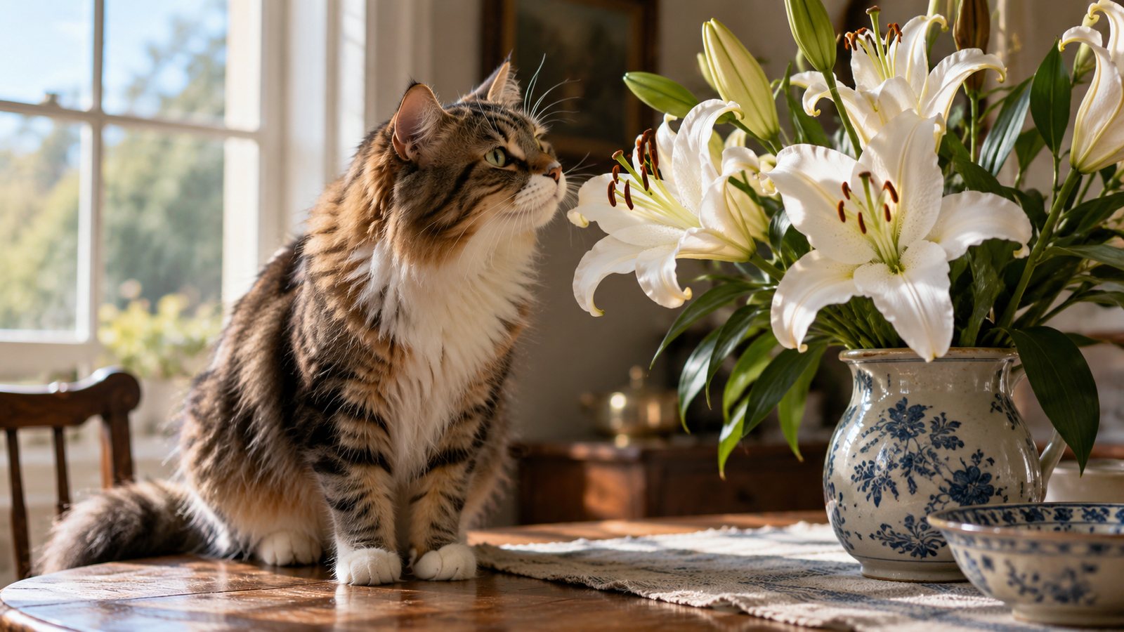 A cat near a vase of flowers (illustrative)