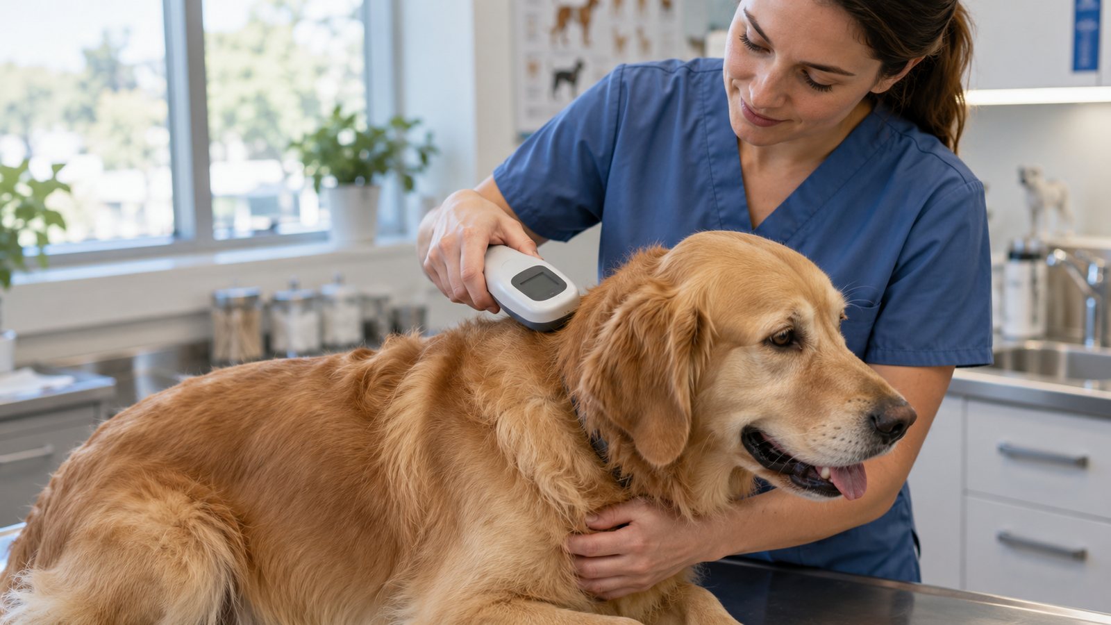 A vet scanning a dog for a microchip (illustrative)